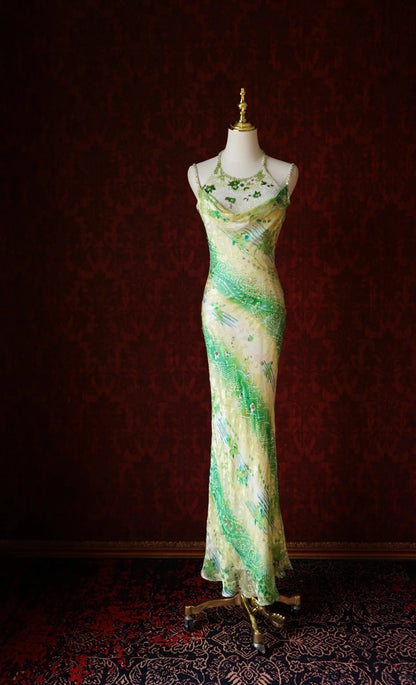 Vintage Green Sheath Spaghetti Strap Floral Chiffon Long Prom Dress Beaded Formal Evening Dress Wedding Guest Dress ED03954