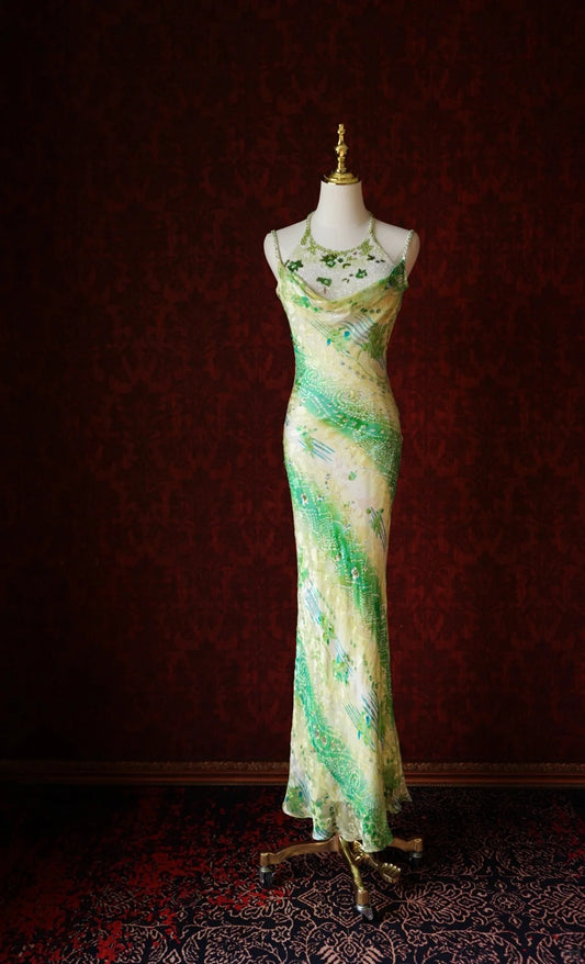 Vintage Green Sheath Spaghetti Strap Floral Chiffon Long Prom Dress Beaded Formal Evening Dress Wedding Guest Dress ED03954