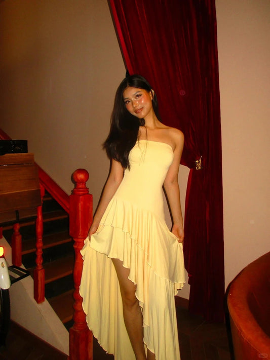 Gorgeous Yellow Sheath Satin Long Prom Dress Strapless Wedding Guest Dress Ruffles Formal Evening Dress ED03958