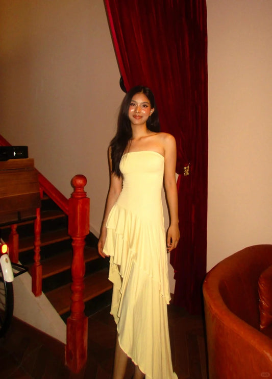 Gorgeous Yellow Sheath Satin Long Prom Dress Strapless Wedding Guest Dress Ruffles Formal Evening Dress ED03958