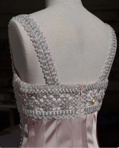 Elegant A-Line Square Neck Short Birthday Prom Dress Satin Beaded Formal Dress Graduation Dress Middle School Homecoming Dress ED03961