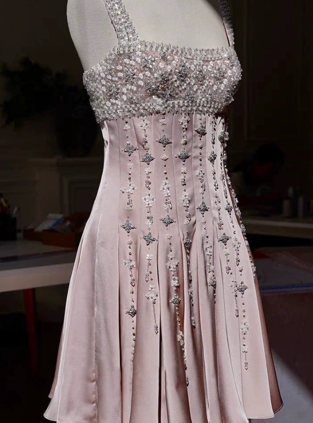 Elegant A-Line Square Neck Short Birthday Prom Dress Satin Beaded Formal Dress Graduation Dress Middle School Homecoming Dress ED03961