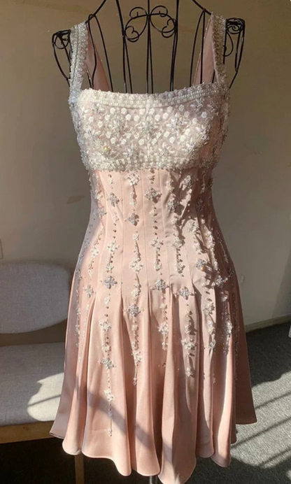 Elegant A-Line Square Neck Short Birthday Prom Dress Satin Beaded Formal Dress Graduation Dress Middle School Homecoming Dress ED03961