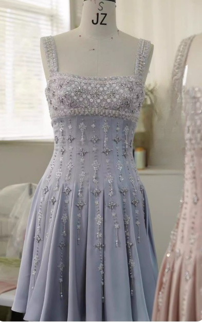 Elegant A-Line Square Neck Short Birthday Prom Dress Satin Beaded Formal Dress Graduation Dress Middle School Homecoming Dress ED03961