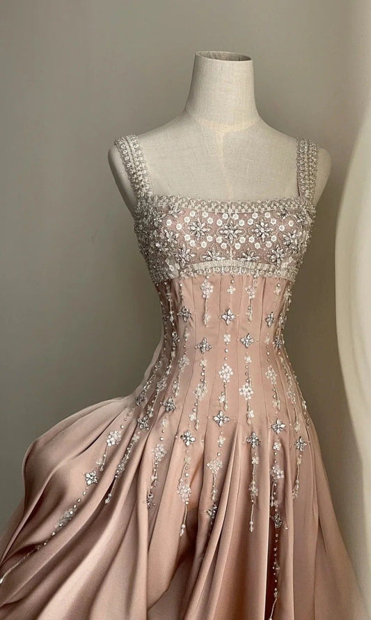 Elegant A-Line Square Neck Short Birthday Prom Dress Satin Beaded Formal Dress Graduation Dress Middle School Homecoming Dress ED03961