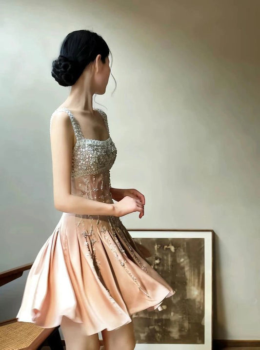 Elegant A-Line Square Neck Short Birthday Prom Dress Satin Beaded Formal Dress Graduation Dress Middle School Homecoming Dress ED03961