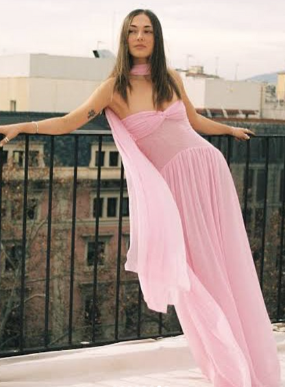 Fairy Strapless Sheath Chiffon Long Prom Dress Pink Formal Evening Dress ED03972