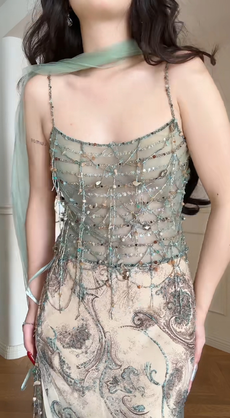 Vintage Spaghetti Strap Sheath Two-Piece Long Prom Dress, Chiffon Beaded Formal Evening Dress