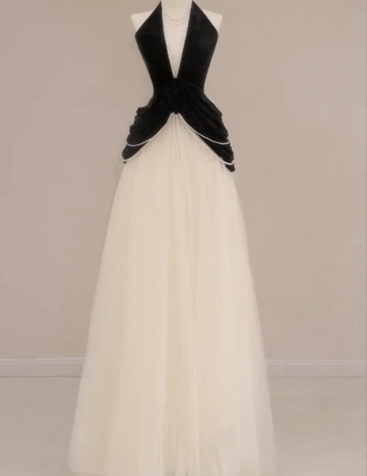 Elegant A-Line Tulle Velvet Long Evening Dress Black/White V-neck Wedding Guest Dress ED03977