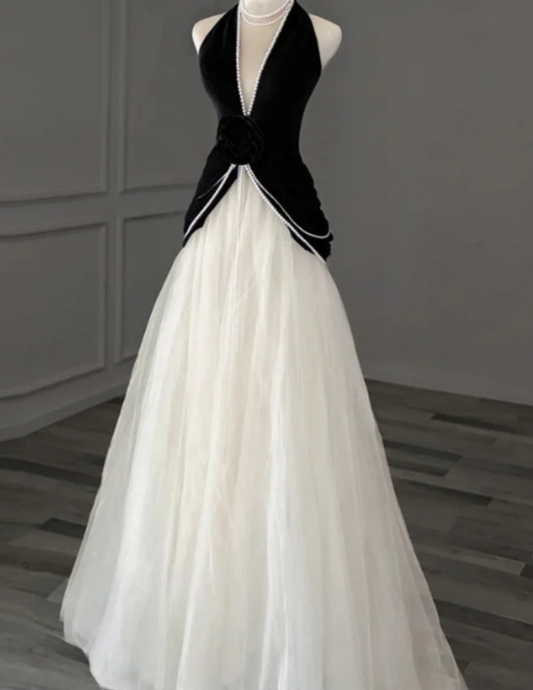 Elegant A-Line Tulle Velvet Long Evening Dress Black/White V-neck Wedding Guest Dress ED03977