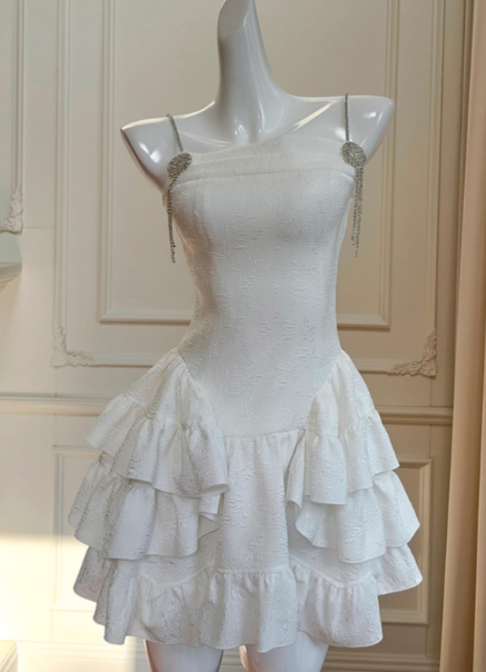 Cute White A-Line Spaghetti Strap Short Homecoming Dresses Birthday Party Dress  ED03992