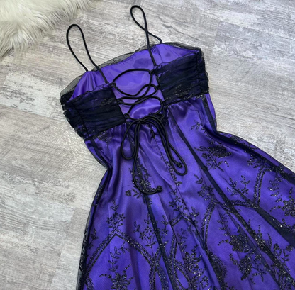 Vintage A-Line Spaghetti Strap Tulle Short Prom Dress Purple Satin Homecoming Dresses  ED03994