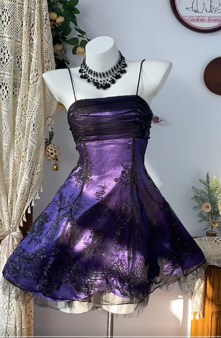 Vintage A-Line Spaghetti Strap Tulle Short Prom Dress Purple Satin Homecoming Dresses  ED03994