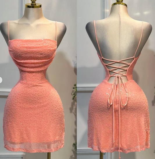 Cute Spaghetti Strap Sheath Tulle Beaded Homecoming Dresses, Coral Short Backless Prom Dress ED03999