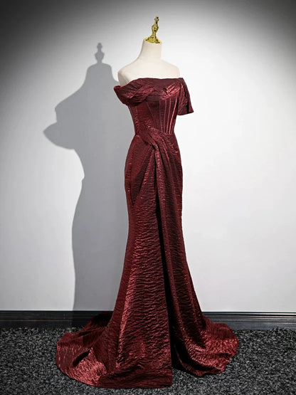 Schlichtes schulterfreies, langes Burgunder-Ballkleid, langes Burgunder-Abendkleid ED040