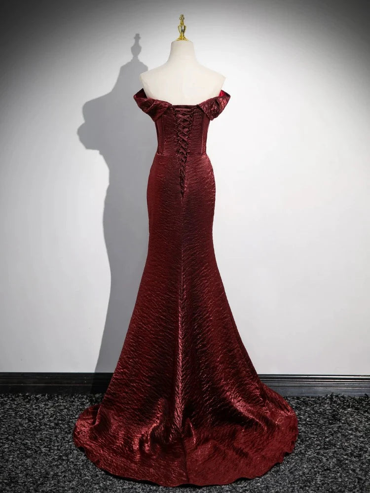 Schlichtes schulterfreies, langes Burgunder-Ballkleid, langes Burgunder-Abendkleid ED040