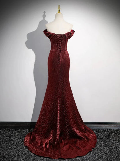 Schlichtes schulterfreies, langes Burgunder-Ballkleid, langes Burgunder-Abendkleid ED040