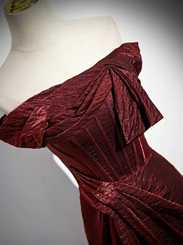 Schlichtes schulterfreies, langes Burgunder-Ballkleid, langes Burgunder-Abendkleid ED040