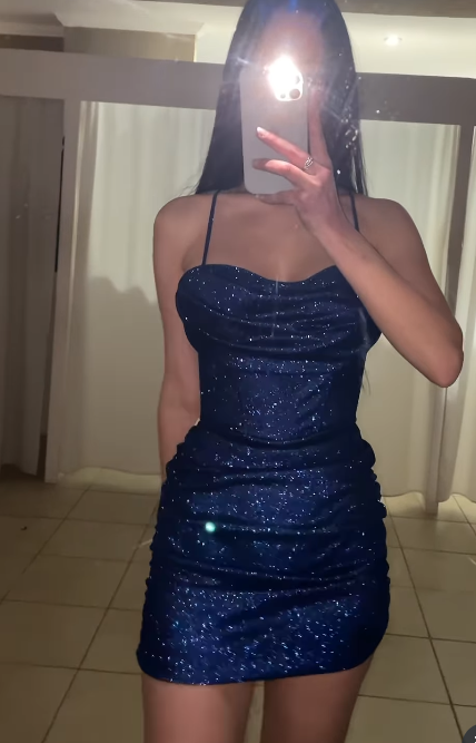 Sparkly Spaghetti Strap Sheath Tulle Homecoming Dresses, Navy Blue Short Prom Dress ED04000