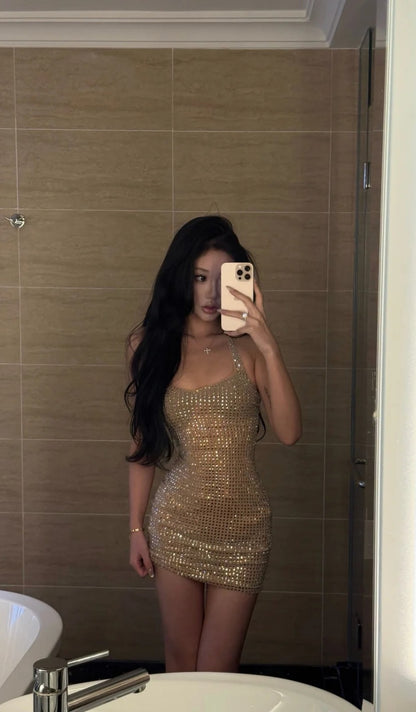 Sexy Bodycon Short Prom Dresses Halter Birthday Dresses Sparkly Diamond Champagne Homecoming Dresses ED04011