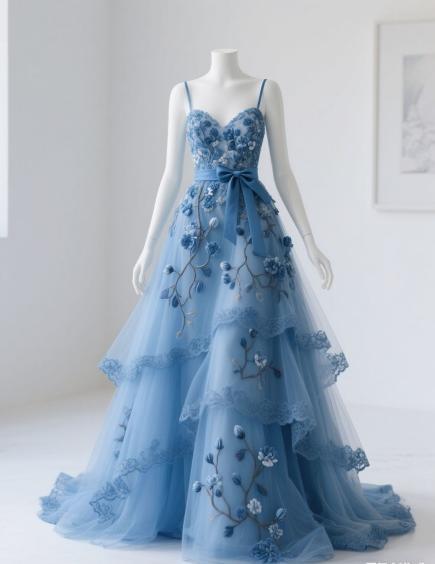 Fairy Spaghetti Strap A-Line Tulle Applique Long Prom Dresses Blue Formal Dresses ED04012