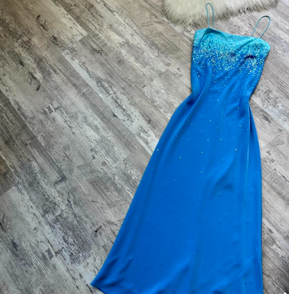 Vintage Spaghetti Strap Sheath Chiffon Sequin Long Prom Dresses Blue Wedding Guest Dresses ED04013