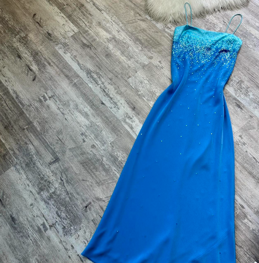 Vintage Spaghetti Strap Sheath Chiffon Sequin Long Prom Dresses Blue Wedding Guest Dresses ED04013