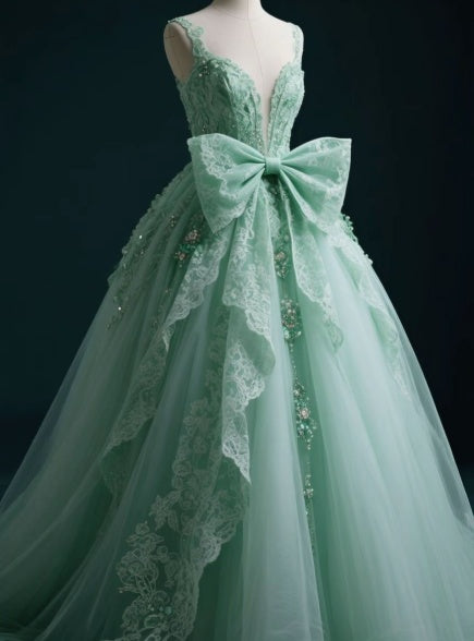 Cute V-neck Ball Gown Tulle Lace Long Prom Dresses Green Sweet 16 Dress ED04014