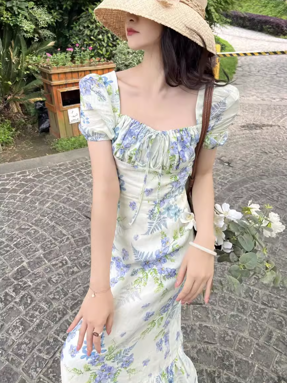 French floral pastoral style puff sleeve square neck dress ED0401