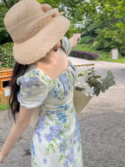 French floral pastoral style puff sleeve square neck dress ED0401