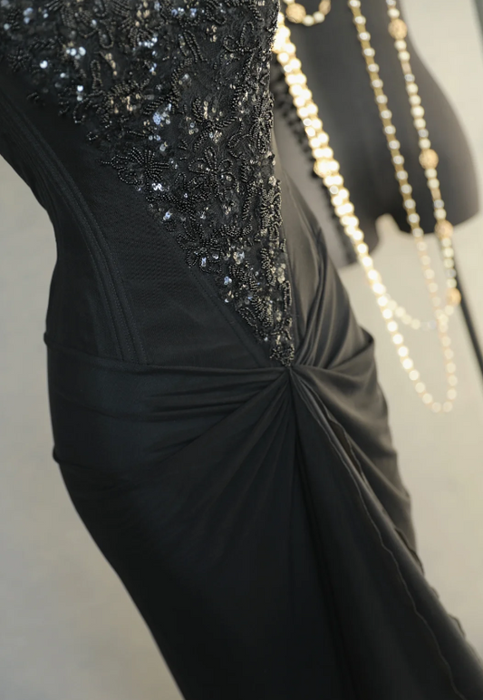 Sexy Strapless Bodycon Long Prom Dresses Chiffon Beaded Guest Dresses, Black Formal Dresses ED04023