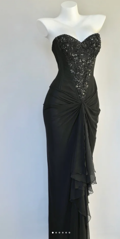 Sexy Strapless Bodycon Long Prom Dresses Chiffon Beaded Guest Dresses, Black Formal Dresses ED04023