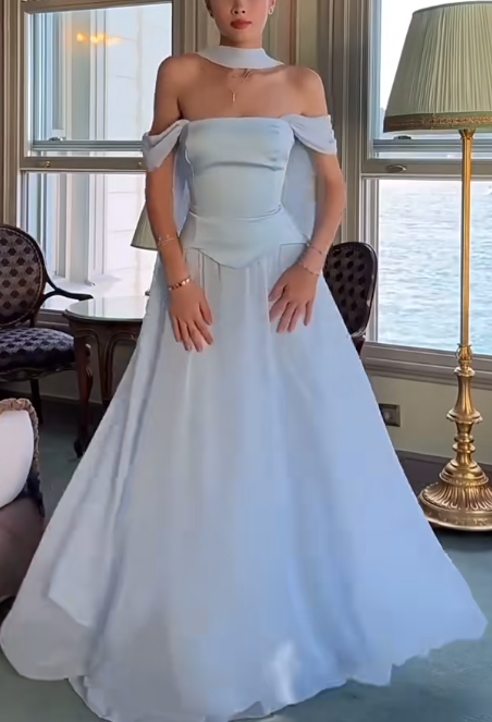 Elegant Off-the-shoulder Sheath Chiffon Long Prom Dresses, Pale Blue Formal Dresses Wedding Guest DressesED04028