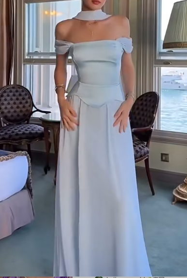 Elegant Off-the-shoulder Sheath Chiffon Long Prom Dresses, Pale Blue Formal Dresses Wedding Guest DressesED04028