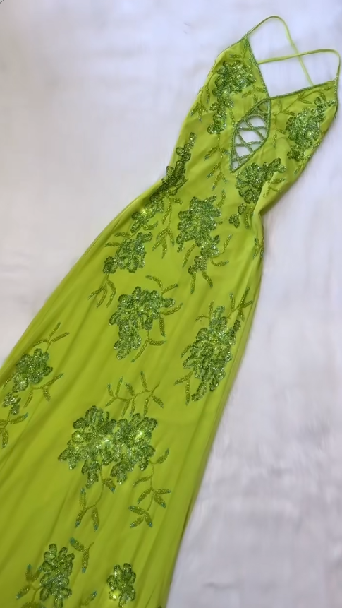 Vintage V-neck Sheath Beaded Chiffon Long Prom Dresses, Green Formal Evening Dresses ED04031