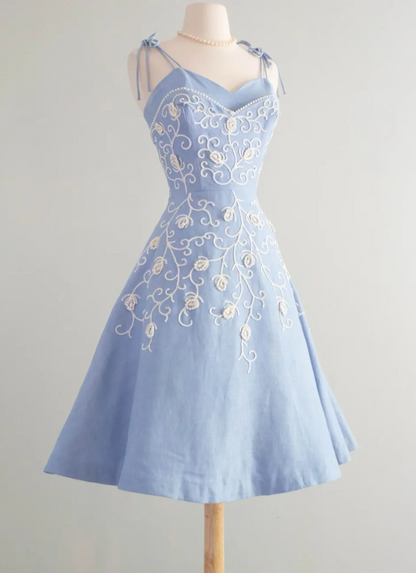 Vintage Spaghetti Strap A-Line Satin Beaded Appliqué Short Prom Dresses, Blue Homecoming Dress  Birthday Dresses ED04036