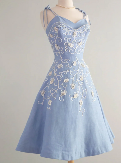 Vintage Spaghetti Strap A-Line Satin Beaded Appliqué Short Prom Dresses, Blue Homecoming Dress  Birthday Dresses ED04036