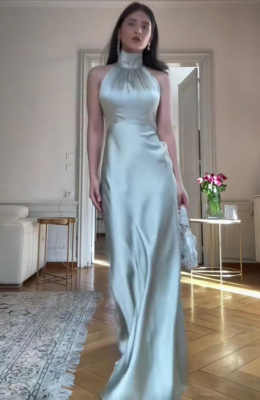 Elegant Halter Sheath Satin Long Prom Dresses, Tiffany Blue Formal Evening Dresses ED04040