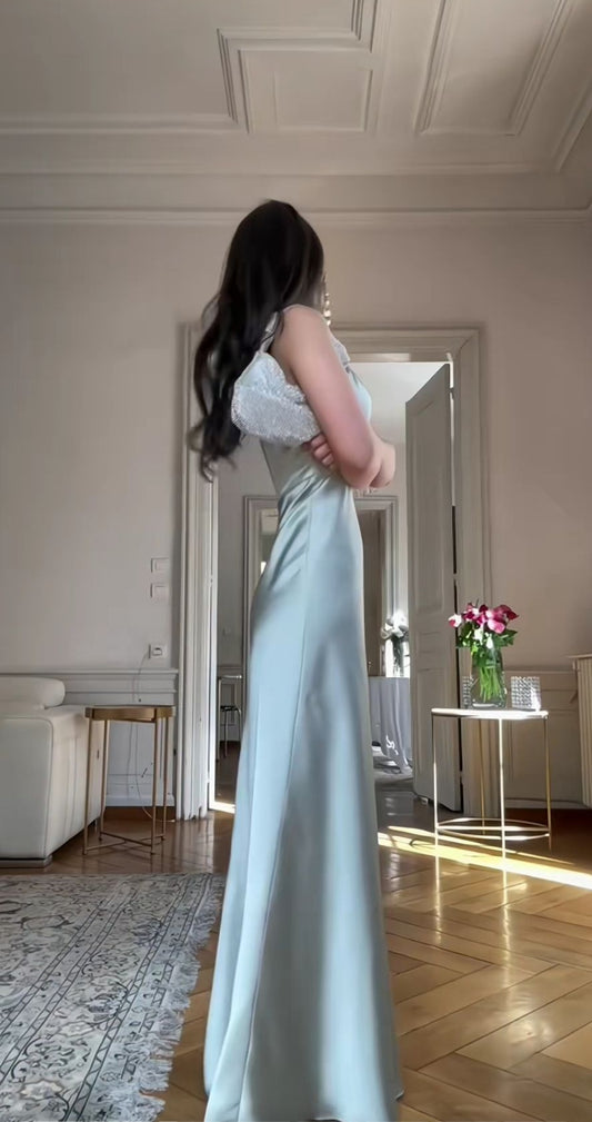 Elegant Halter Sheath Satin Long Prom Dresses, Tiffany Blue Formal Evening Dresses ED04040