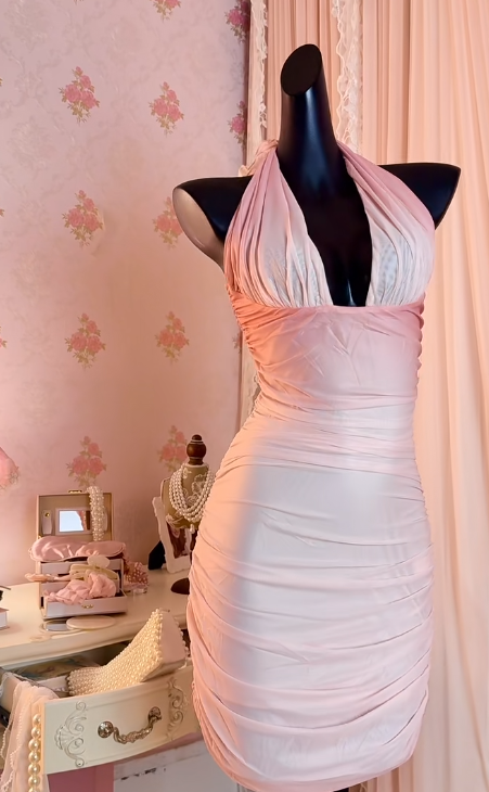Sexy Halter Bodycon Chiffon Short Prom Dresses, Pink Homecoming Dresses ED04042