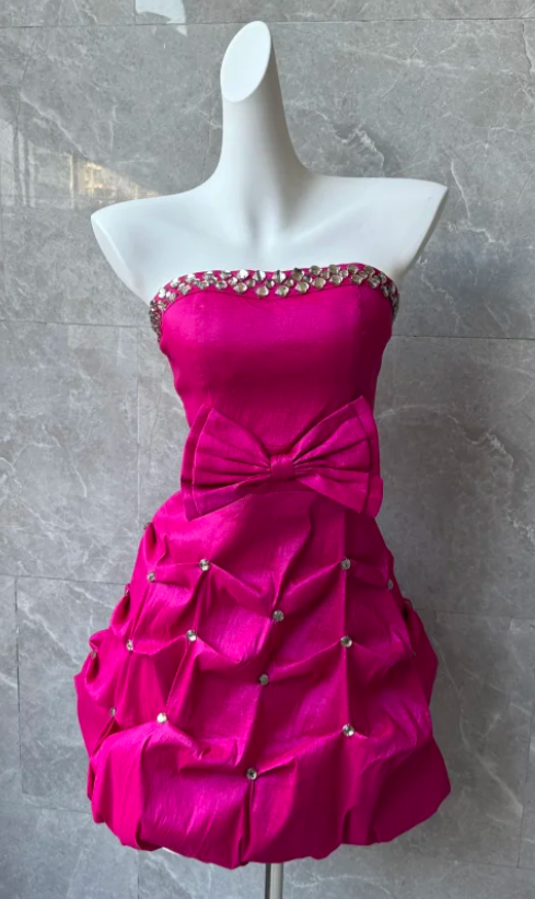 Gorgeous Strapless Sheath Satin Short Prom Dresses, Hot Pink Homecomin – EvaFashionDress