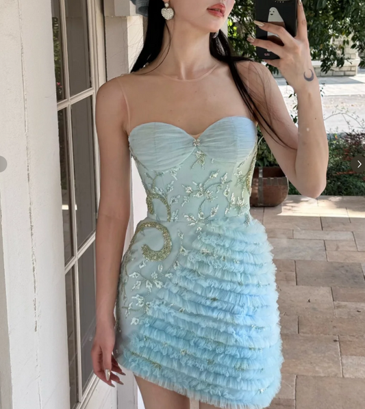 Gorgeous Jewel Sheath Tulle Short Prom Dresses, Pale Blue Homecoming Dresses  ED04049