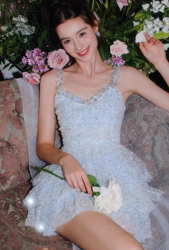 Gorgeous Spaghetti Straps A-Line Tulle Beaded Short Prom Dresses, Pale Blue Homecoming Dresses  ED04050