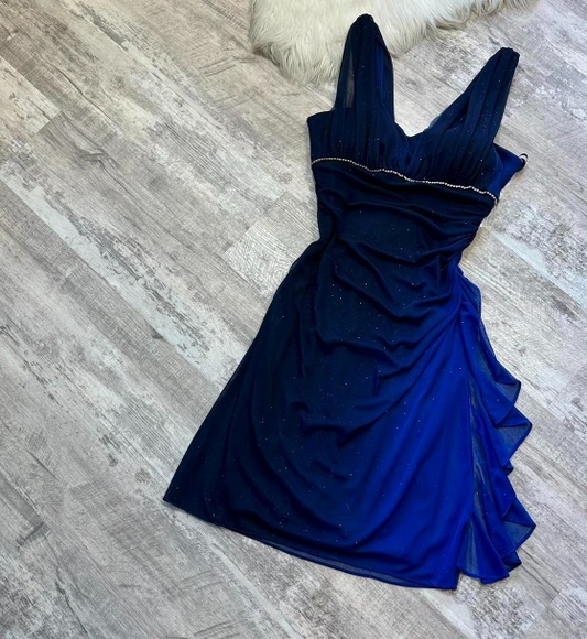 Vintage Sparkly V-neck Sheath Chiffon Homecoming Dresses, Navy Blue Short Prom Dress ED04051