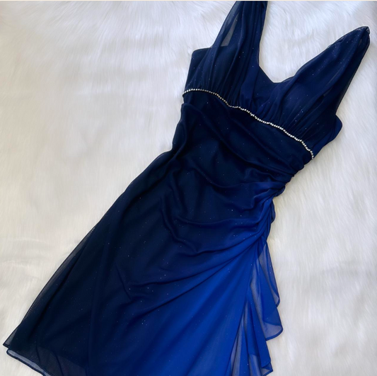 Vintage Sparkly V-neck Sheath Chiffon Homecoming Dresses, Navy Blue Short Prom Dress ED04051