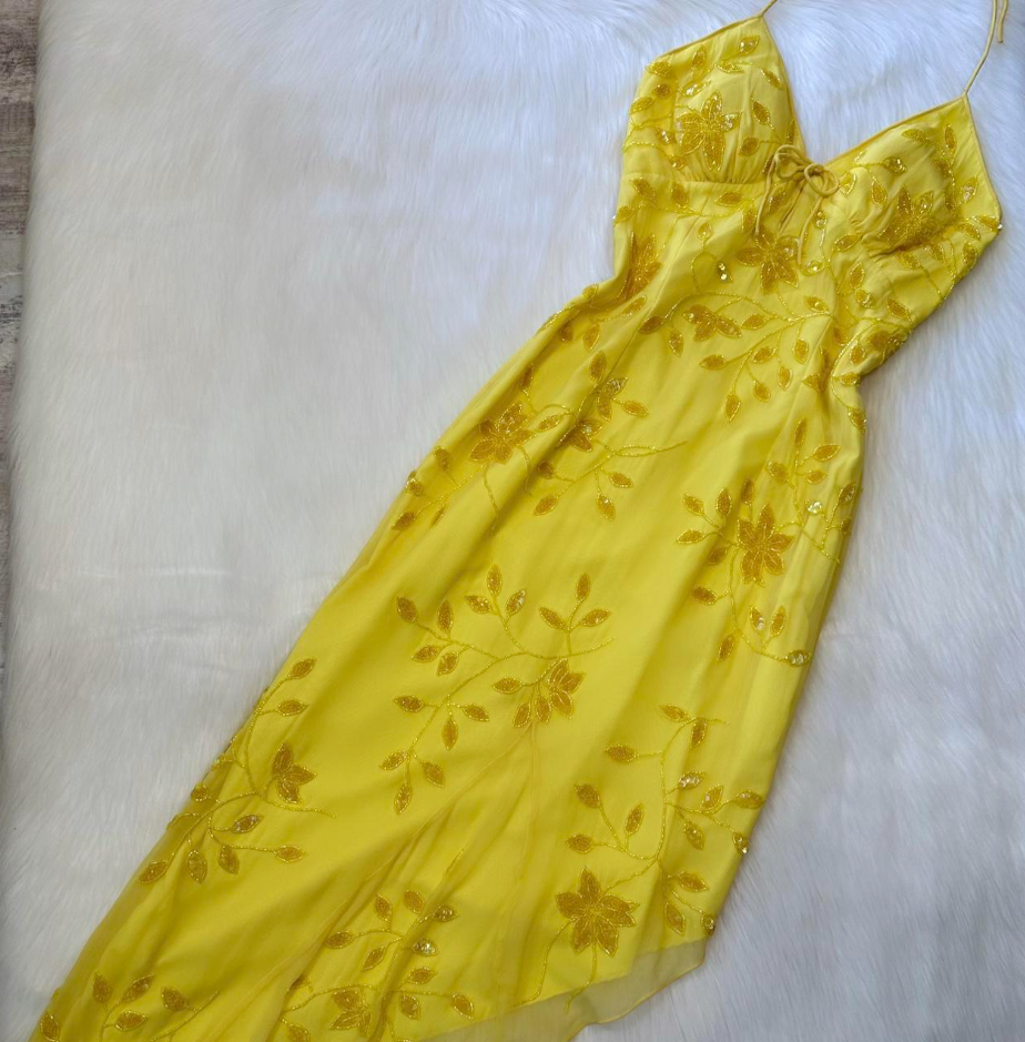 Vintage Y2K Sheath Spaghetti Strap Homecoming Dresses, Yellow  Beaded Chiffon Short Prom Dress ED04052