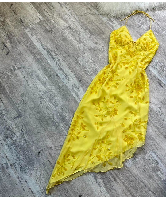 Vintage Y2K Sheath Spaghetti Strap Homecoming Dresses, Yellow  Beaded Chiffon Short Prom Dress ED04052