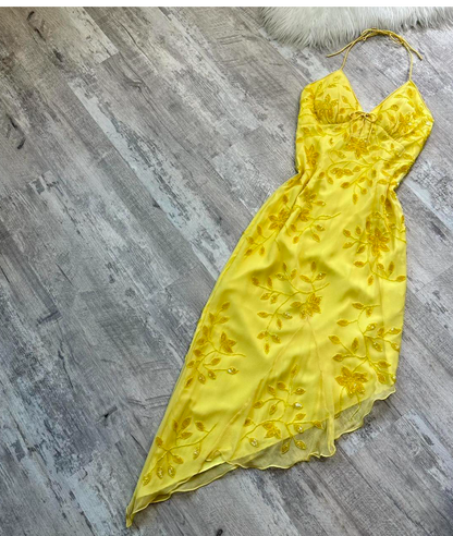 Vintage Y2K Sheath Spaghetti Strap Homecoming Dresses, Yellow  Beaded Chiffon Short Prom Dress ED04052