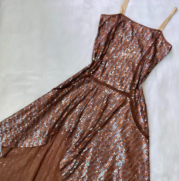 Vintage Y2K A-Line Spaghetti Strap Chiffon Homecoming Dresses, Short Chocolate Beaded Prom Dresses ED04055