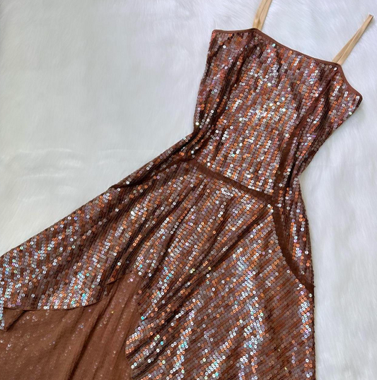 Vintage Y2K A-Line Spaghetti Strap Chiffon Homecoming Dresses, Short Chocolate Beaded Prom Dresses ED04055